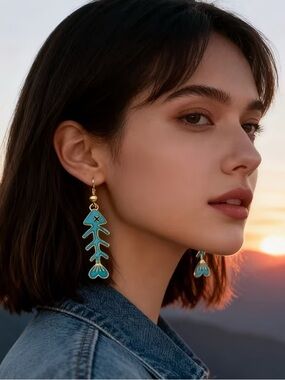 Turquoise Enamel Fishbone Drop Earrings - Gold Accent